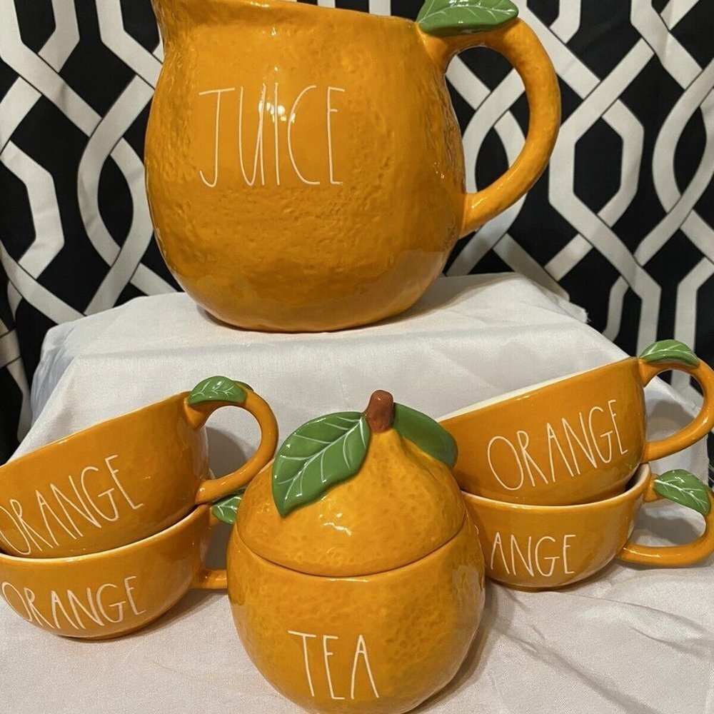 Rae Dunn Orange Citrus Pitcher, Tea Pot,‎ & Mugs Set - Juice, Tea, Orange